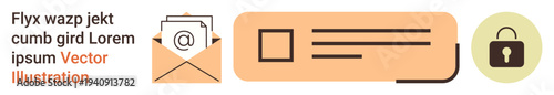 Communication, online privacy, email security, digital messaging, cybersecurity, information sharing. Envelope with email icon, notification and padlock symbol. Online privacy and email security