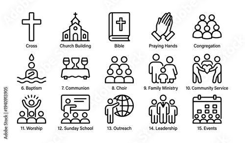 Religious icons: cross church bible praying hands community service symbols