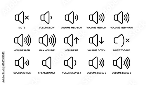 Audio control icons set: mute, volume levels, speaker symbols