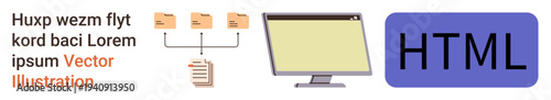 Web development, programming, HTML design, coding, digital technology, learning resources. File hierarchy linked to a computer and HTML element. Web development and programming concepts