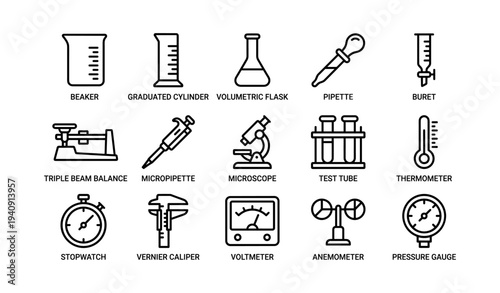 Laboratory equipment set: beaker, flask, pipette, microscope, test tube, thermometer