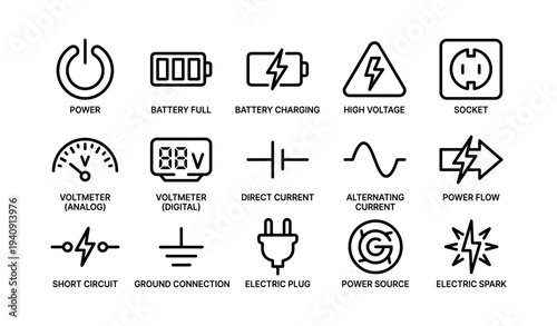Electric symbols collection: power, battery, voltage, plug, circuit