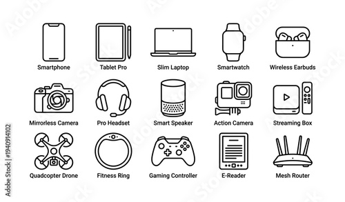 Modern tech icons: smartphones, tablets, laptops, and gadgets collection