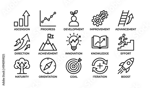 Icons of growth: progress, development, innovation, achievement, maturity