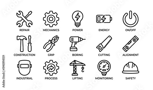 Industrial tool icons set: repair, mechanics, power, energy, construction, safety
