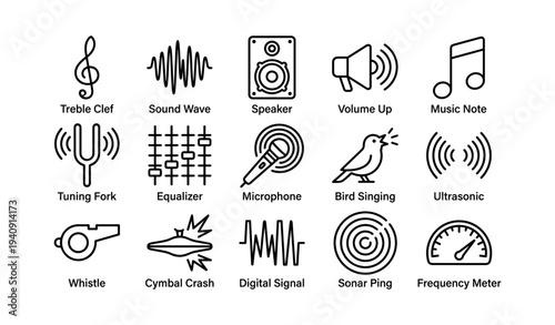 Audio icons: treble clef, speaker, microphone, sound wave, music note, equalizer