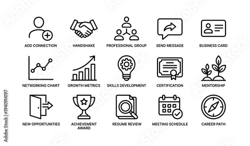Business icons collection: professional networking, skills, and growth
