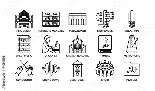 Musical instruments and concepts with organist and choir icons