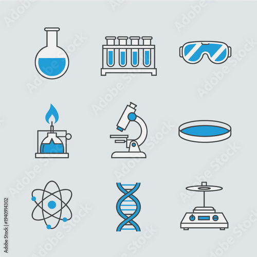 Science laboratory and medical research line icons set in professional style