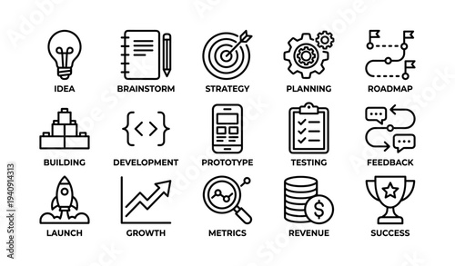 Business strategy icons set: idea, planning, growth, success, revenue