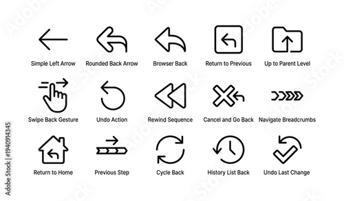 Arrow and navigation icons: simple, rounded, cycle back, undo, rewind, cancel, return, navigate