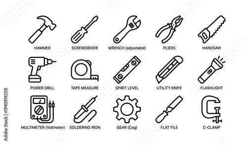 Essential hand tools and equipment icons for workshop and diy projects