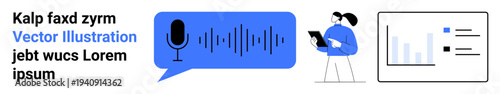 Speech analysis, audio technology, data sharing, interface design, AI tools, user engagement. Microphone in a speech bubble, person with device chart. Speech analysis and audio technology concept