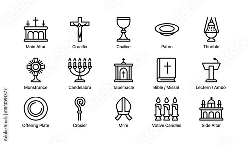 Church symbols: altar, crucifix, chalice, paten, thhurible, and religious icons