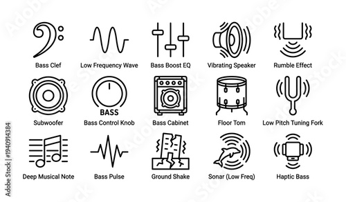 Audio icons set: bass clef, subwoofer, low frequency wave, vibrating speaker, floor tom