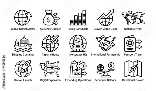 Icons illustrating global growth, currency, charts, and international expansion