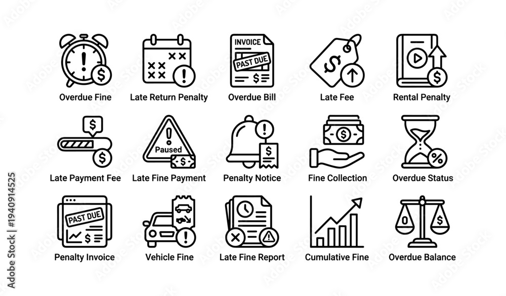 Fototapeta premium Set of icons depicting various financial penalties and overdue notices