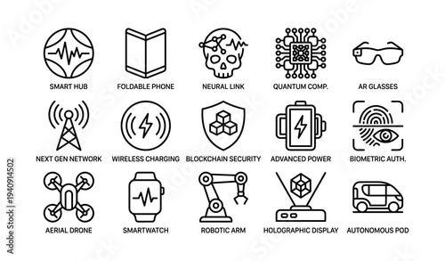 Futuristic technology icons featuring smart devices and advanced systems