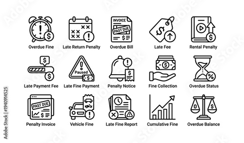 Set of icons depicting various financial penalties and overdue notices