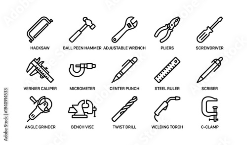 Set of various hand tools icons including hacksaw, hammer, wrench, and pliers