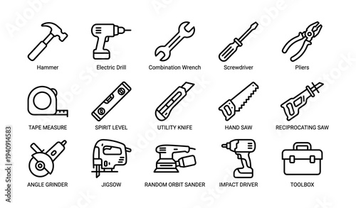 Assorted hand and power tools icons: hammer, drill, wrench, saw, pliers, toolbox