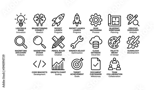 Black and white business icons for innovation and teamwork