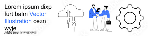 Data storage, teamwork, workflow management, technological processes, innovation, and business solutions. a cloud, professionals shaking hands and a gear icon. Data storage and teamwork