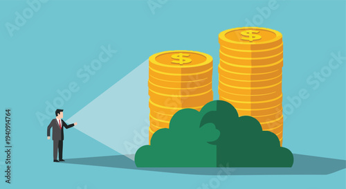 Businessman with flashlight discovering hidden money. Financial opportunity concept. Vector illustration.