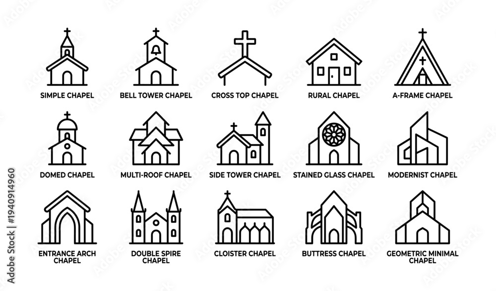 Fototapeta premium Series of chapel icons: modern, traditional, minimalist, gothic, architectural designs