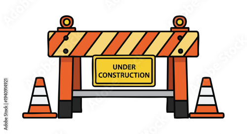 Under Construction Barrier. Roadblock Warning Sign. Flat Illustration. Website Development.