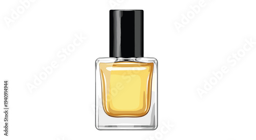 A clear glass bottle of vibrant yellow nail polish with a black cap is standing upright and centered on a plain white background.