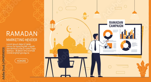 Elegant Ramadan Kareem background featuring crescent moon, glowing lanterns, and mosque silhouette with islamic geometric patterns, perfect for greeting cards, banners, and religious celebration desig