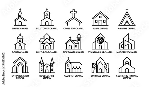 Series of chapel icons: modern, traditional, minimalist, gothic, architectural designs