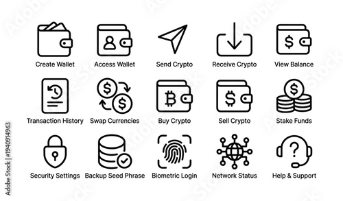 Cryptocurrency icons: wallet, transactions, security, and support