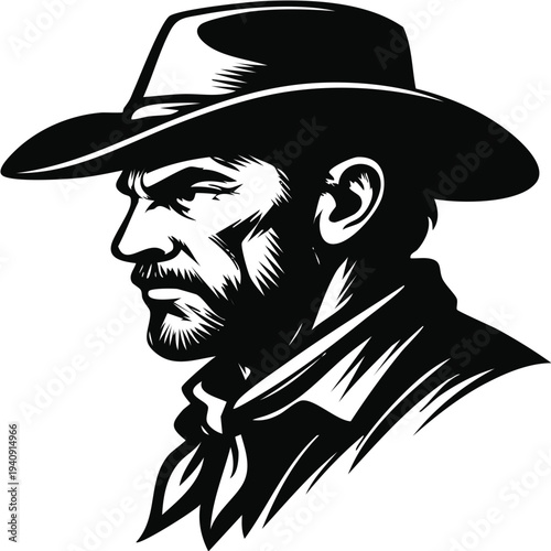 A vector illustration of a man in western cowboy hats and featuring silhouette art of a sheriff