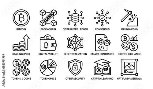 Cryptocurrency and blockchain technology icons: bitcoin, mining, smart contracts