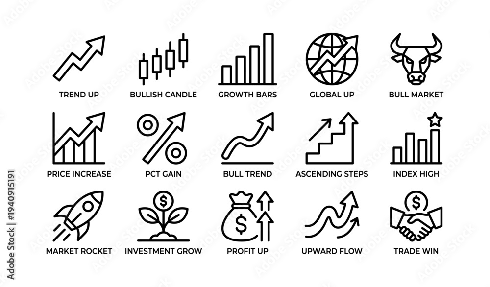 Fototapeta premium Financial growth icons set: bull market trends, investment growth, global economy
