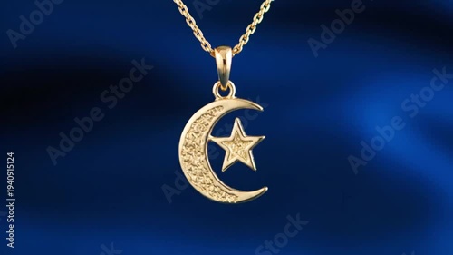 Close-up of gold crescent moon and star pendant on a chain against a dark blue fabric background