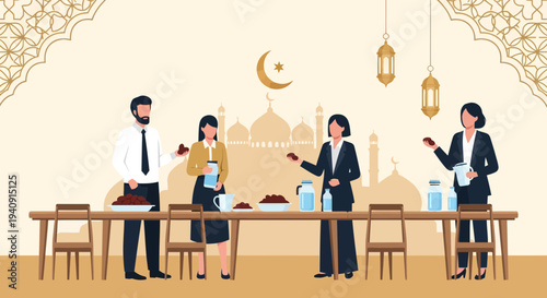 Elegant Ramadan Kareem background featuring crescent moon, glowing lanterns, and mosque silhouette with islamic geometric patterns, perfect for greeting cards, banners, and religious celebration desig