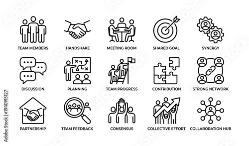 Team collaboration icons: communication, planning, goal-setting, synergy, progress