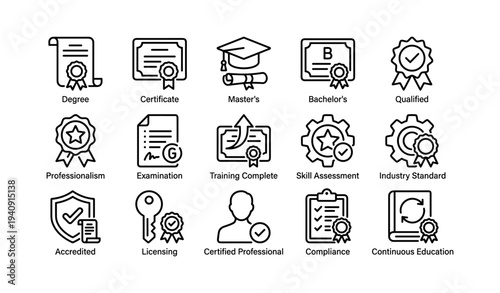 Educational icons: degree, certificate, qualification, professional skills, compliance