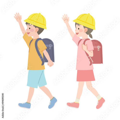 手を上げながら歩く小学生のイラスト