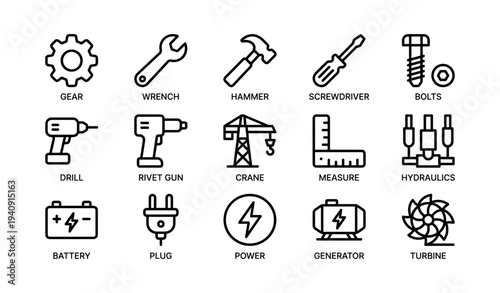 Industrial tool icons: gear, wrench, hammer, drill, generator, turbine