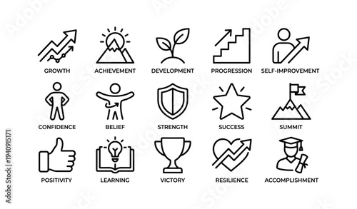 Icons representing growth and achievement: confidence, success, resilience