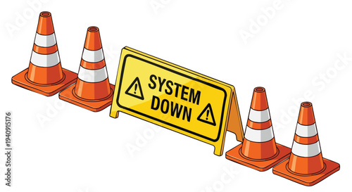 System Down Sign with Traffic Cones. Maintenance Warning. System Error Illustration.
