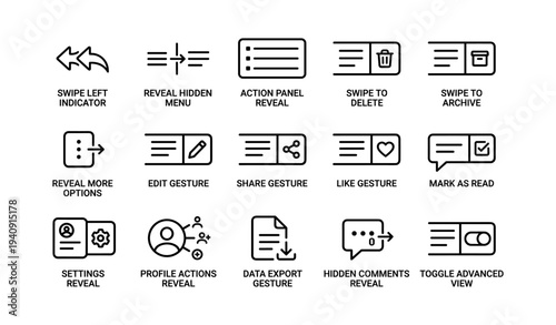 Mobile interface gestures: swipe, reveal, edit, share, like, settings icons
