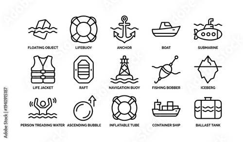 Nautical icons collection: lifebuoy, anchor, submarine, boat, iceberg