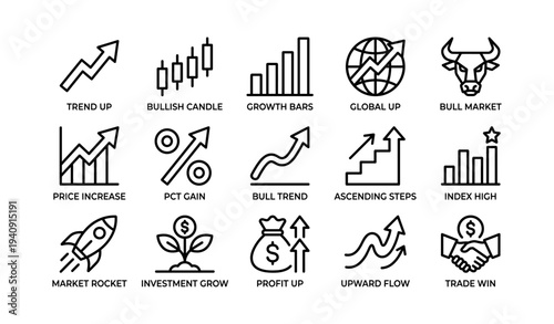 Financial growth icons set: bull market trends, investment growth, global economy