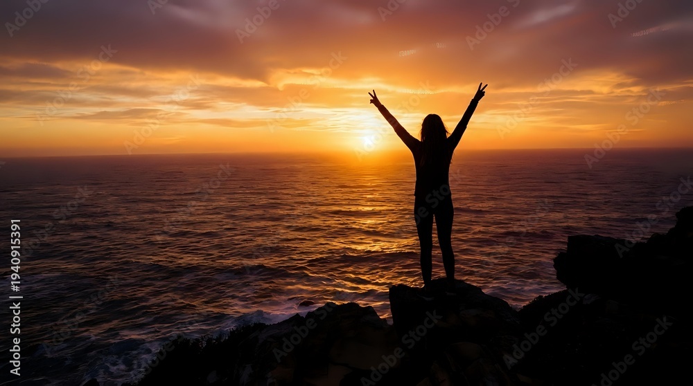 Fototapeta premium Woman silhouette with raised arms celebrating success at ocean sunset from rocky cliff with golden sky and waves below for motivation concepts.