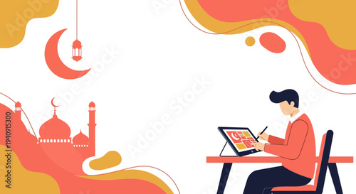 Elegant Ramadan Kareem background featuring crescent moon, glowing lanterns, and mosque silhouette with islamic geometric patterns, perfect for greeting cards, banners, and religious celebration desig